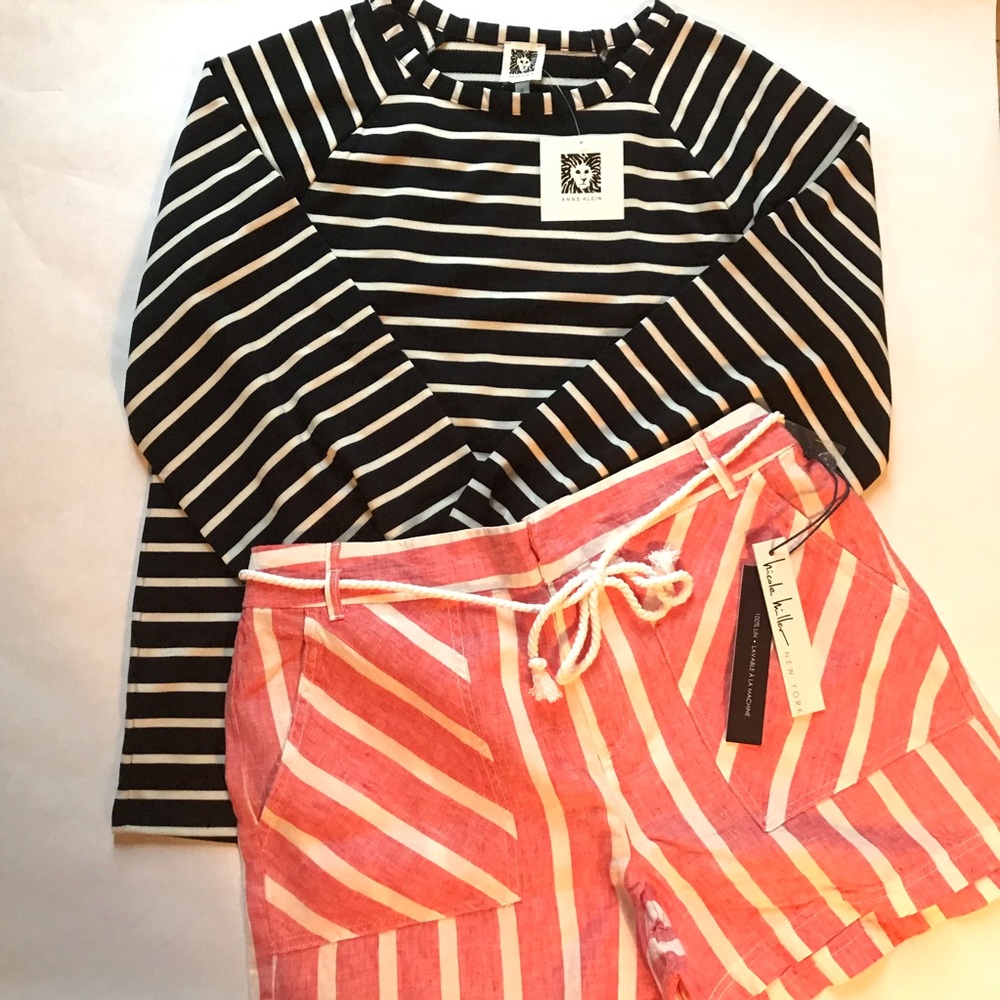 Anne Klein Balloon Sleeves Stripe Top Navy - Picture 11 of 11